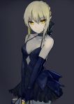  1girl bag bangs bare_legs bare_shoulders black_dress blonde_hair bow braid breasts cleavage_cutout commentary_request cowboy_shot dress elbow_gloves eyebrows eyebrows_visible_through_hair fate/stay_night fate_(series) gloves grey_background hair_between_eyes hair_bow hair_up holding_bag looking_at_viewer saber saber_alter shiny shiny_skin shopping_bag sidelocks sleeveless sleeveless_dress small_breasts v_arms walzrj yellow_eyes 