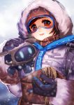  1girl anyezi brown_eyes coat fur_coat fur_trim glasses mei_(overwatch) overwatch ski_goggles smile snowing solo upper_body 