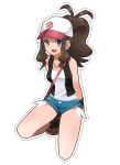  10s 1girl baseball_cap blue_eyes blush breasts brown_hair cutoffs denim denim_shorts hat highres long_hair pokemon pokemon_(game) pokemon_bw ponytail rdim6gr8 short_shorts shorts solo touko_(pokemon) white_background 