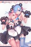  2girls animal_ears bear_ears bear_paws blue_bra blue_eyes blue_hair blue_legwear bra breasts cleavage garter_straps hair_over_one_eye heart heart-shaped_pupils highres hug karesuki looking_at_viewer maid multiple_girls pink_bra pink_eyes pink_hair pink_legwear ram_(re:zero) re:zero_kara_hajimeru_isekai_seikatsu rem_(re:zero) short_hair siblings sisters smile symbol-shaped_pupils thigh-highs twins underwear 