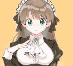  1girl bangs black_ribbon brown_hair cravat f_(f_gmmr2) green_eyes hair_ribbon hand_on_own_chest idolmaster idolmaster_cinderella_girls long_hair long_sleeves looking_at_viewer maid_headdress makihara_shiho orange_background ribbon simple_background smile solo tegaki upper_body 