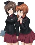  2girls absurdres ashiwara_yuu bangs black_jacket black_skirt blush brown_eyes brown_hair cowboy_shot dress_shirt garrison_cap girls_und_panzer hat highres holding jacket long_sleeves looking_at_another military military_uniform multiple_girls nishizumi_maho nishizumi_miho notebook official_style open_mouth parted_lips pleated_skirt red_shirt red_skirt shirt siblings simple_background sisters skirt smile standing uniform white_background 