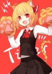  1girl animal_ears ascot background_text blonde_hair cat_ears cat_tail fang gloves hair_ribbon highres kemonomimi_mode long_sleeves looking_at_viewer open_mouth paw_gloves red_background ribbon rumia sh_(562835932) shirt short_hair skirt skirt_set smile solo tail touhou vest 