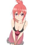  1girl bent_over black_bra black_panties bra breasts brown_hair cleavage collarbone lingerie looking_at_viewer original panties pink_hair ponytail saitoyu00 see-through short_hair simple_background smile solo underwear underwear_only violet_eyes white_background 