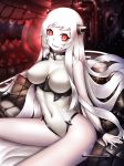  1girl airfield_hime bare_shoulders blak_at breasts covered_navel fang glowing highres horns kantai_collection leotard long_hair looking_at_viewer machinery open_mouth red_eyes shinkaisei-kan sitting skirt smile teeth turret very_long_hair white_hair white_skin 