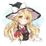 1girl blonde_hair bow braid clown_222 colored_eyelashes grin hair_tucking hat hat_bow kirisame_marisa long_hair looking_at_viewer playing_with_own_hair side_braid smile solo teeth touhou witch_hat yellow_eyes 