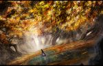 1girl autumn_leaves black_hair blurry depth_of_field dress dutch_angle from_behind letterboxed long_hair original outdoors ripples scenery sleeves_past_wrists solo standing tree very_long_hair wading water zennmai_siki 