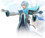  1boy 3d amano_yoshitaka blue_hair book clouds coat final_fantasy final_fantasy_brave_exvius gloves green_eyes nichol_(ff_be) official_art scarf simple_background solo white_background 