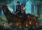  2boys arizuka_(13033303) armor cape forest horse horseback_riding male_focus multiple_boys nature original outdoors riding tree twitter_username 