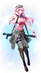  1girl breasts brown_eyes cleavage glasses gun hand_in_hair hat highres large_breasts long_hair looking_at_viewer luka_(soccer_spirits) megurine_luka pink_hair red_ribbon ribbon rifle signature soccer_spirits solo star tooaya vocaloid weapon 