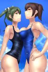  2girls alternate_costume asymmetrical_docking bare_arms bare_shoulders breast_envy breast_hold breast_press breasts brown_eyes brown_hair commentary_request competition_school_swimsuit from_side green_eyes green_hair hair_ribbon kaga_(kantai_collection) kantai_collection medium_breasts multiple_girls old_school_swimsuit profile ribbon school_swimsuit side_ponytail small_breasts smirk swimsuit twintails untsue zuikaku_(kantai_collection) 