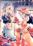  2girls :o apron ascot baguette bangs basket bat_wings birthday birthday_cake black_dress blouse blush braid bread cake chandelier cursor curtains daisy dress eye_contact fang flower food frilled_shirt_collar frills hair_over_eyes hair_over_shoulder hands_on_own_chest hat hat_ribbon holding holding_plate indoors izayoi_sakuya jewelry kirero lavender_hair looking_at_another maid maid_apron maid_headdress mob_cap multiple_girls neck_ribbon open_mouth pendant petals pink_skirt plate pointy_ears profile puffy_short_sleeves puffy_sleeves red_eyes remilia_scarlet ribbon rose sash shirt short_hair short_sleeves sideways_mouth silver_hair skirt skirt_set smile table tablecloth teapot touhou twin_braids twitter_username window wings wrist_cuffs 