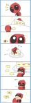  ! 1boy bodysuit cake chibi chiemi_(chi222xxx) climbing comic deadpool eating flying_sweatdrops food fruit heart highres male_focus marvel solo sparkle spoken_exclamation_mark spoken_heart strawberry superhero twitter_username whipped_cream 