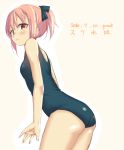  1girl artist_name brown_eyes dated garnet hair_ribbon looking_back one-piece_swimsuit original pink_hair ribbon school_swimsuit signature solo swimsuit 