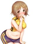  1girl blush breasts brown_eyes brown_hair eikisama113 fat flower gym_shorts hair_flower hair_ornament idolmaster idolmaster_cinderella_girls large_breasts looking_at_viewer midriff mimura_kanako navel open_mouth plump short_hair shorts solo sports_bra sweat 