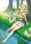  1girl animal armor bare_legs barefoot bird blonde_hair blue_eyes boots boots_removed dress feet forest grand_kingdom grass green_eyes legs lillia_sforza long_hair official_art river shoes_removed solo toes twintails water 