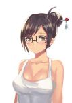  1girl black-framed_eyewear breasts brown_eyes brown_hair cleavage collarbone glasses hair_bun hair_ornament hair_stick highres large_breasts looking_at_viewer mei_(overwatch) o-yatsu overwatch parted_lips shirt short_hair simple_background sketch solo tank_top upper_body white_background white_shirt 
