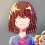  :| ^_^ androgynous brown_eyes brown_hair closed_eyes flower flowey_(undertale) frisk_(undertale) glowing gradient gradient_background heart highres jitome kevin_ramadhan long_neck shirt smile striped striped_shirt undertale upper_body 