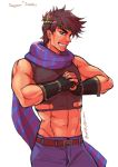  1boy abs brown_hair clenched_hand crop_top fingerless_gloves gloves green_eyes grin headband jojo_no_kimyou_na_bouken joseph_joestar_(young) male_focus midriff muscle navel o-obnn scarf signature smile solo striped striped_scarf twitter_username 