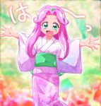  1girl :d aqua_eyes blush cowboy_shot ha-chan_(mahou_girls_precure!) hanami_kotoha japanese_clothes kimono long_hair looking_at_viewer mahou_girls_precure! multicolored_background open_mouth outstretched_arms pink_hair precure shishinon smile solo spread_arms yukata 