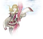  1girl amano_yoshitaka blonde_hair bow_(weapon) brown_eyes cape fina_(ff_be) final_fantasy final_fantasy_brave_exvius flower hair_flower hair_ornament highres long_hair navel official_art simple_background skirt solo weapon white_background 