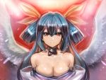  1girl bare_shoulders blue_hair bow bow_(bhp) breasts cleavage collarbone dizzy guilty_gear hair_bow jitome long_hair medium_breasts red_eyes solo wings 