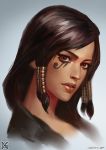  1girl black_hair braid brown_eyes dark_skin eye_of_horus eyeliner face facial_tattoo hair_tubes lips long_hair looking_at_viewer makeup nose overwatch parted_lips pharah_(overwatch) realistic solo tattoo xiaoguimist 
