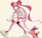  10s 1girl bag blush brown_hair double_bun handbag highres irima_(doron) legwear_under_shorts long_hair mei_(pokemon) pantyhose pixiv_1218756 pokemon pokemon_(creature) pokemon_(game) pokemon_bw2 raglan_sleeves shoes short_shorts shorts simple_background sneakers tepig twintails very_long_hair visor_cap walking yellow_shorts 