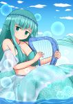  1girl aqua_eyes aqua_hair bikini_top breasts bubble fish_girl gills harp head_fins instrument looking_at_viewer mermaid monster_girl original rethnick scales smile solo water 