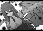  &gt;:o 1girl :o akino_masoho armband bat_wings breasts buttons collared_shirt commentary_request dutch_angle eyebrows eyebrows_visible_through_hair hair_between_eyes head_wings high-waist_skirt juliet_sleeves koakuma large_breasts long_hair long_sleeves looking_at_viewer monochrome multiple_wings necktie outstretched_arm puffy_sleeves shirt sidelocks solo taut_clothes taut_shirt touhou underbust very_long_hair wings 