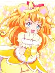  1girl animal_ears arm_warmers bear_ears blue_eyes cowboy_shot cure_mofurun hat kagami_chihiro long_hair magical_girl mahou_girls_precure! mini_hat mini_witch_hat mofurun_(mahou_girls_precure!) multicolored_background orange_hair personification precure skirt smile solo witch_hat yellow yellow_hat yellow_skirt 