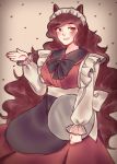  1girl alternate_costume apron blush brown_eyes brown_hair commentary enmaided imaizumi_kagerou long_hair maid maid_apron maid_headdress open_mouth orz_(kagewaka) solo touhou tray very_long_hair wavy_hair 