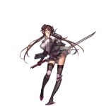  1girl black_boots black_gloves black_legwear black_necktie black_skirt blush boots breasts brown_hair cannon closed_mouth contrapposto dress_shirt elbow_gloves eyebrows eyebrows_visible_through_hair full_body glasses gloves gluteal_fold headgear high_heels holding holding_sword holding_weapon knee_boots knee_pads large_breasts looking_at_viewer low_twintails machinery mechanical_halo miniskirt miyazaki_byou necktie official_art pigeon-toed pleated_skirt propeller puffy_short_sleeves puffy_sleeves purple_vest red_glasses remodel_(zhan_jian_shao_nyu) rimless_glasses rudder_shoes shirt short_sleeves skirt smile solo standing sword tatsuta_(zhan_jian_shao_nyu) thigh-highs torpedo transparent_background turret twintails vest weapon white_shirt yellow_eyes zhan_jian_shao_nyu 