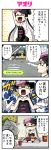  2girls 4koma aori_(splatoon) black_dress comic detached_collar domino_mask dress food food_on_head gloves highres hotaru_(splatoon) mask mcdonald&#039;s mole mole_under_eye multiple_girls object_on_head pageratta pointy_ears splatoon strapless strapless_dress tentacle_hair translation_request white_gloves 