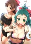  2girls backlighting bikini black_bikini blush bow breasts brown_hair cleavage collarbone ebizome food frilled_bikini frills gradient gradient_background green_eyes green_hair hair_bow irako_(kantai_collection) jacket kantai_collection large_breasts long_hair machinery mamiya_(kantai_collection) multiple_girls navel open_mouth plate ponytail simple_background spill spoon swimsuit 