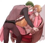  2boys abs armchair belt blonde_hair chair chin_rest facial_hair green_hair hair_over_one_eye hand_on_own_face male_focus multiple_boys one_piece open_clothes open_shirt pink_suit roronoa_zoro sanji shirt sitting 