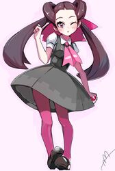  1girl ;o arm_at_side ascot blush brown_hair brown_shoes dress full_body grey_dress hair_rings holding holding_poke_ball index_finger_raised long_hair mary_janes one_eye_closed pinafore_dress pink_background pink_eyes pink_legwear poke_ball pokemon pokemon_(game) pokemon_oras shoes solo standing tsutsuji_(pokemon) twintails yamako_(yamak0) 