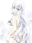  1girl ass back blush bra breasts brown_eyes hakkai highres kantai_collection long_hair looking_at_viewer looking_back murakumo_(kantai_collection) panties solo underwear underwear_only white_bra white_hair white_panties 