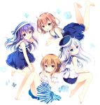  4girls :d akatsuki_(kantai_collection) alternate_costume barefoot blue_eyes blush brown_hair collarbone dress fingers_together flower folded_ponytail frilled_dress frills from_side full_body hair_ornament hairclip hand_on_headwear hat hat_ribbon hibiki_(kantai_collection) ikazuchi_(kantai_collection) inazuma_(kantai_collection) kantai_collection knees_up legs_up long_hair multiple_girls open_mouth orange_eyes purple_hair ribbon sailor_collar sailor_dress sailor_hat shirogane_hina short_hair sidelocks silver_hair simple_background sleeveless sleeveless_dress smile striped striped_dress violet_eyes white_background yellow_eyes 