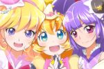  3girls :d asahina_mirai black_hat blonde_hair blue_eyes blush bow brooch cure_magical cure_miracle cure_mofurun earrings girl_sandwich hat izayoi_liko jewelry long_hair looking_at_viewer mahou_girls_precure! mini_hat mini_witch_hat mofurun_(mahou_girls_precure!) multiple_girls open_mouth orange_hair personification pink_bow pink_hat precure purple_hair sandwiched sch smile violet_eyes witch_hat yellow_hat 