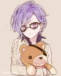  1boy amo_(yellowpink_a) bags_under_eyes carrying closed_mouth collared_shirt diabolik_lovers eyepatch glasses looking_at_viewer male_focus purple_hair sakamaki_kanato simple_background solo sweater teddy_(diabolik_lovers) twitter_username upper_body violet_eyes 