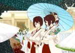  2015 2girls alternate_costume architecture arrow bangs branch breasts brown_hair closed_eyes commentary_request dated doorway east_asian_architecture hair_ribbon hakama hamaya hyuuga_(kantai_collection) ise_(kantai_collection) japanese_clothes kantai_collection kousetsu_(nonosuke) large_breasts looking_at_another miko multiple_girls open_mouth ponytail ribbon short_hair sketch smile snowing umbrella wide_sleeves 