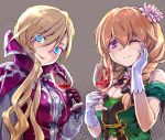  2girls 3678177 belladonna_(flower_knight_girl) black_bow blonde_hair blood blue_eyes bow brown_hair cup drinking_glass flower_knight_girl gloves grey_background hair_bow long_hair multiple_girls one_eye_closed ooonibasu_(flower_knight_girl) purple_gloves short_hair smile upper_body violet_eyes white_gloves wine_glass 