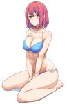  1girl arato_hisako bikini blush breasts brown_eyes cleavage looking_at_viewer navel panties prime purple_hair seiza shokugeki_no_souma short_hair side-tie_bikini side-tie_panties simple_background sitting solo strap_gap swimsuit thighs underwear 