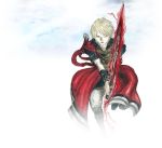  1boy amano_yoshitaka blonde_hair blue_eyes boots clouds final_fantasy final_fantasy_brave_exvius highres official_art rain_(ff_be) simple_background solo sword weapon white_background 
