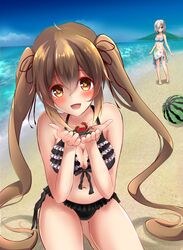  2girls ahoge amagami_(makise_tsubaki) animal animal_on_hand bare_shoulders barefoot beach bikini black_bikini blue_bikini_top blue_eyes blue_sky blush breasts brown_eyes brown_hair cleavage collarbone comic crab food frilled_bikini frills fruit hair_between_eyes hair_ornament hair_over_one_eye hair_ribbon hamakaze_(kantai_collection) highres kantai_collection kneeling long_hair looking_at_viewer multiple_girls murasame_(kantai_collection) navel ocean open_mouth ribbon sand short_hair silver_hair sky smile standing swimsuit twintails water watermelon 