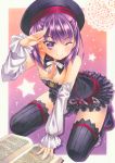  1girl ;) book detached_sleeves fate/grand_order fate_(series) hat helena_blavatsky_(fate/grand_order) looking_at_viewer marker_(medium) one_eye_closed open_book purple_hair revision salute short_hair smile solo thigh-highs traditional_media violet_eyes yuto_cafe 