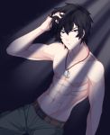  1boy abs black_hair blue_eyes cargo_pants character_name dated dog_tags groin hand_in_hair happy_birthday kougami_shin&#039;ya light male_focus melonbunny muscle pants psycho-pass shirtless solo 