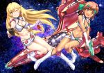  2girls blonde_hair boots breasts brown_eyes brown_hair cleavage controller crop_top dirty_pair galaxy gun headband knee_boots long_hair looking_at_viewer midriff misaka_mikoto multiple_girls navel one_eye_closed open_mouth parody raika9 remote_control shiny shiny_skin shokuhou_misaki short_hair space space_craft tan thigh_gap to_aru_kagaku_no_railgun to_aru_majutsu_no_index weapon white_boots 