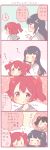  0_0 2girls 4koma =_= ? adjusting_hair aqua_eyes bangs black_hair blush bow bowtie comic hair_bow hair_ornament hairpin imagining kurosawa_dia kurosawa_ruby long_hair love_live! love_live!_school_idol_project love_live!_sunshine!! multiple_girls redhead saku_usako_(rabbit) school_uniform serafuku siblings sisters translation_request twintails two_side_up tying_hair yazawa_nico |_| 